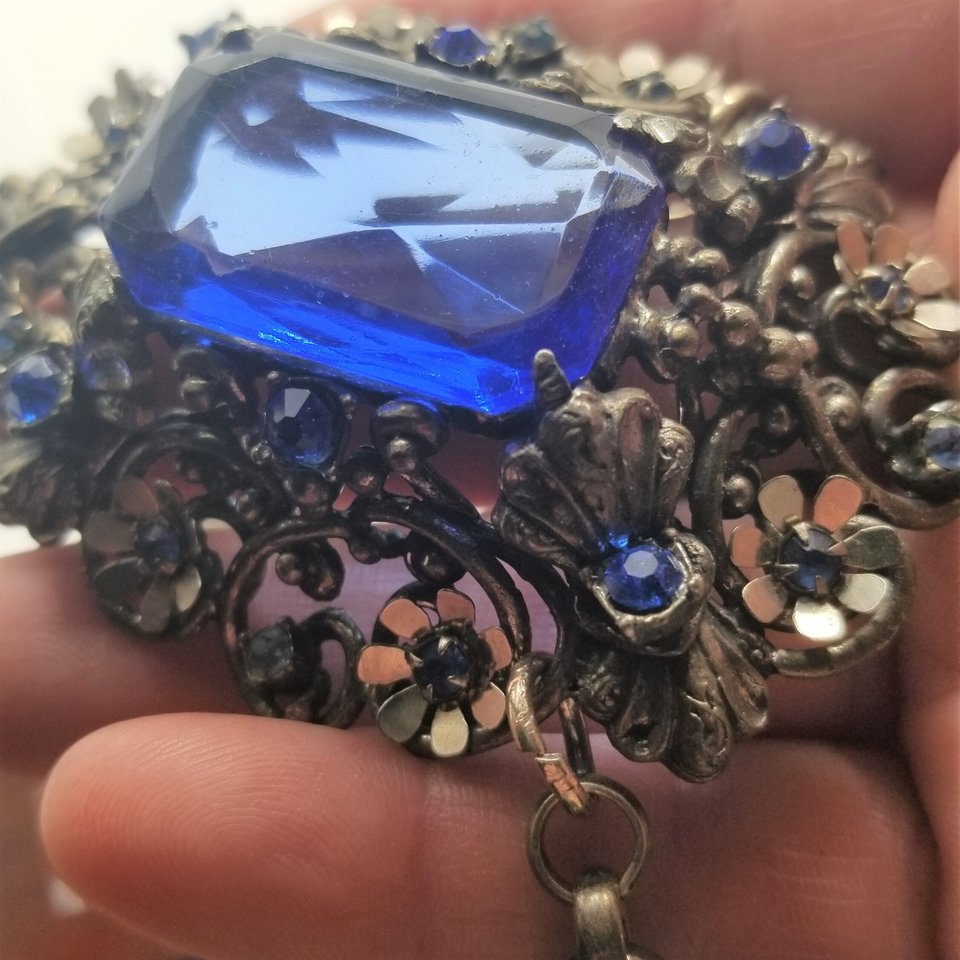 Czech Victorian Revival Decadent Vintage Gothic Large Blue Glass Ornate Pendant Rebuilt Necklace