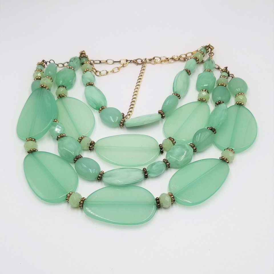 Huge Vintage Chunky Semi Translucent Mint Green Lucite  Multi- Strand Beaded Statement Necklace, Springtime Vibes