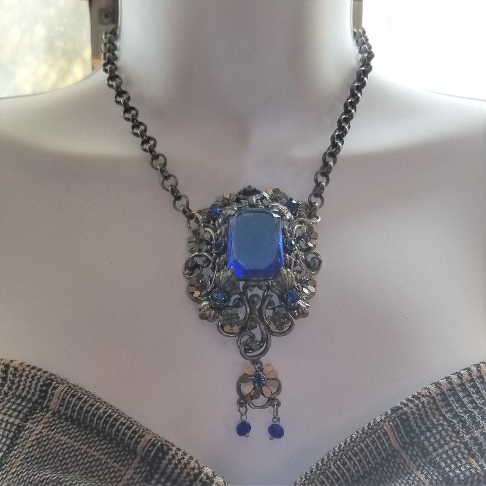 Czech Victorian Revival Decadent Vintage Gothic Large Blue Glass Ornate Pendant Rebuilt Necklace