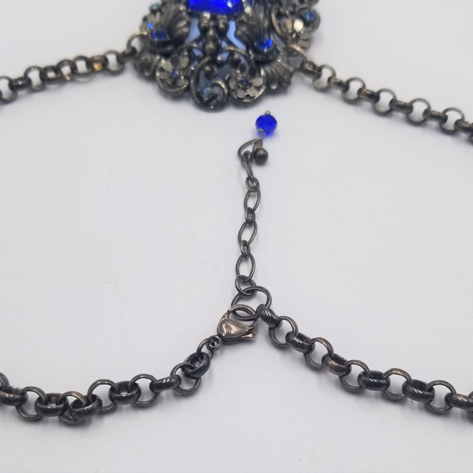 Czech Victorian Revival Decadent Vintage Gothic Large Blue Glass Ornate Pendant Rebuilt Necklace