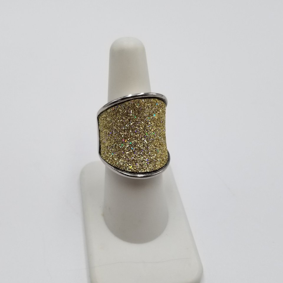 Milor Stainless Steel and Gold Glitter Ring and Dangling Earrings Set, Vintage,  Size 6.5