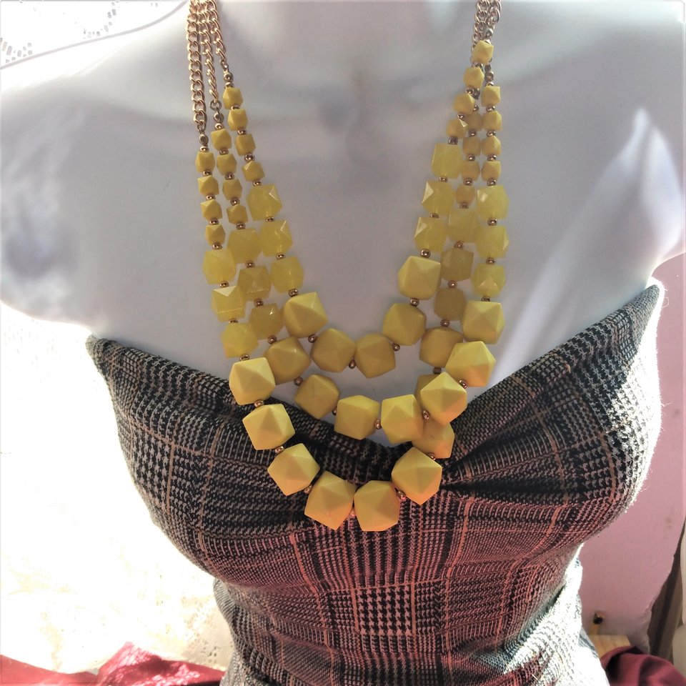 Vintage Charming Charlie Gold Tone Multi-strand Bright Yellow Chunky Beads Statement Bib Necklace