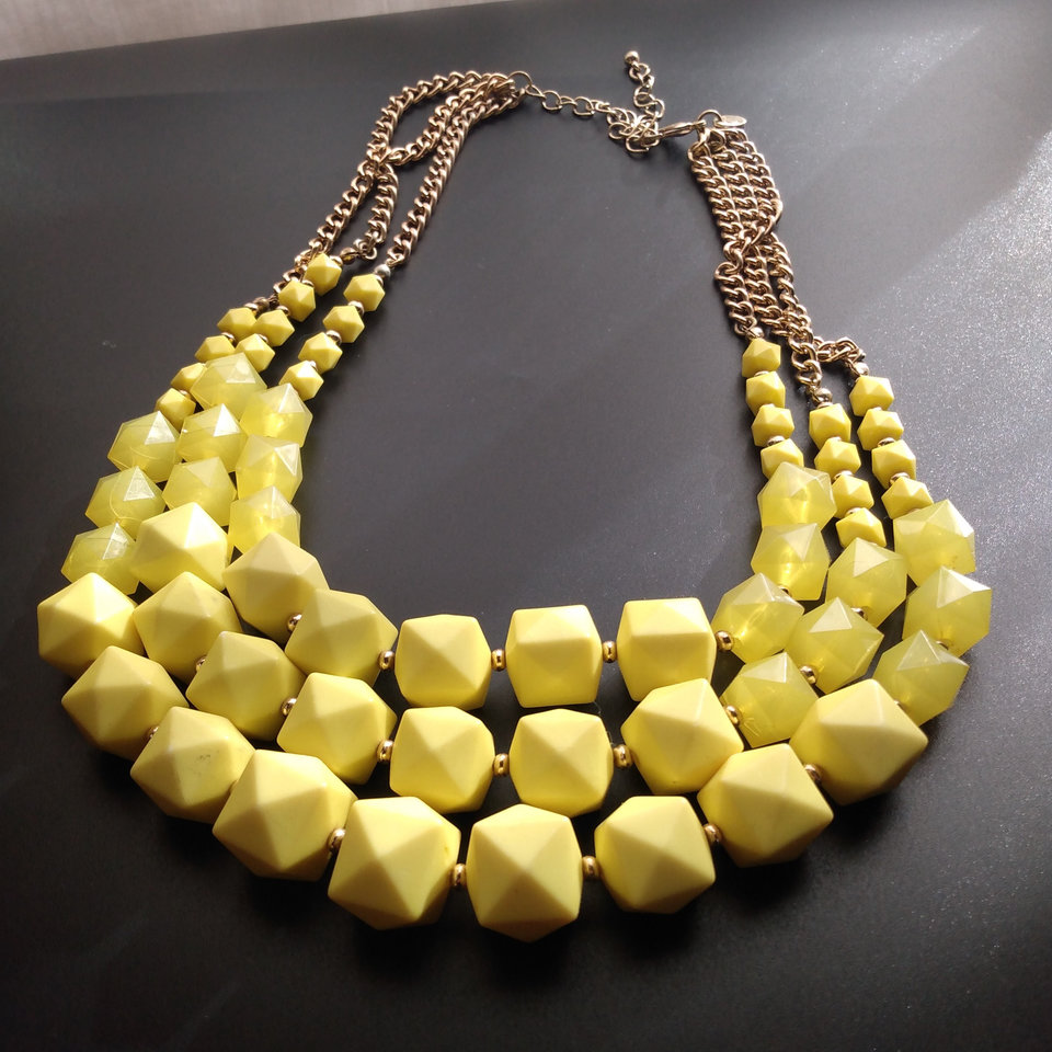 Vintage Charming Charlie Gold Tone Multi-strand Bright Yellow Chunky Beads Statement Bib Necklace