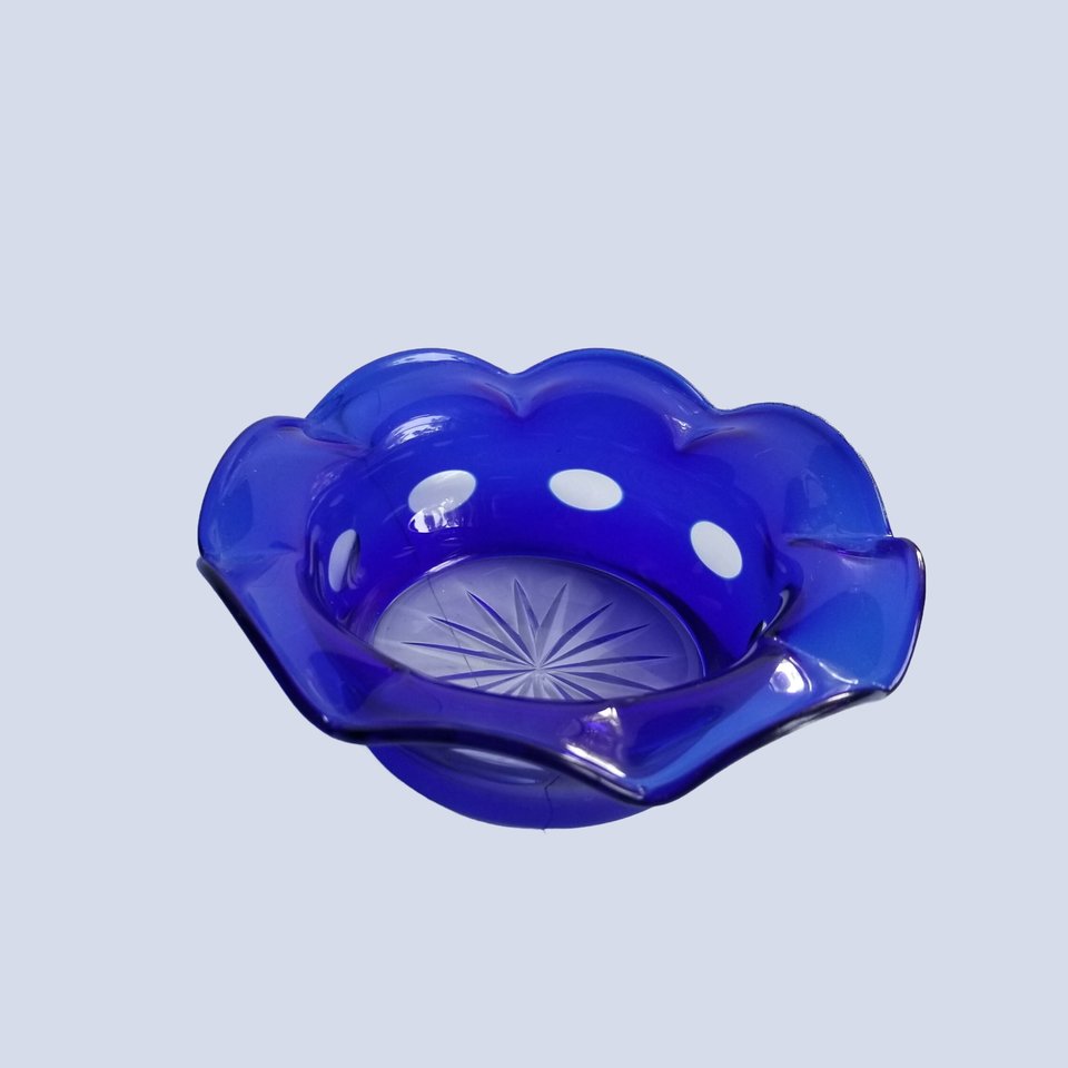 Vintage Cobalt Blue Cut to Clear Ruffle Edge Candy Dish