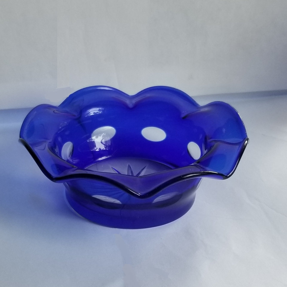 Vintage Cobalt Blue Cut to Clear Ruffle Edge Candy Dish
