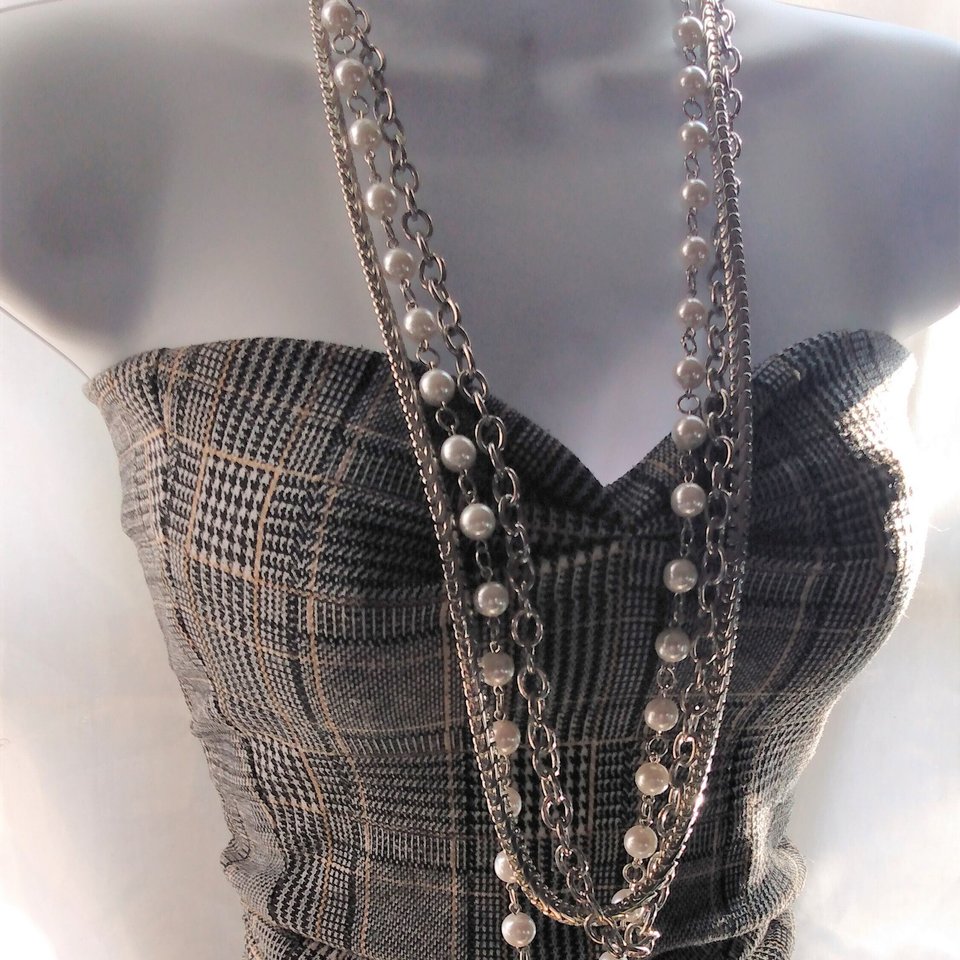 Silver Tone Chain and Faux Pearls Layered Statement Necklace, High Quality Vintage Heavy