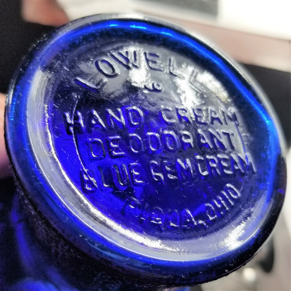 Vintage Cobalt Blue Glass Lowell Hand Cream Deodorant Blue Gem Cream Top Hat Ashtray