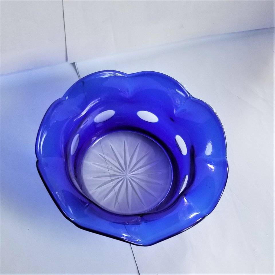 Vintage Cobalt Blue Cut to Clear Ruffle Edge Candy Dish