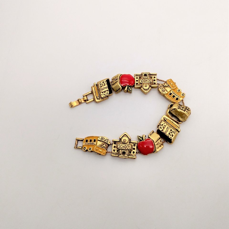 Vintage Matte Yellow Gold Tone School Days Slide Charm Bracelet