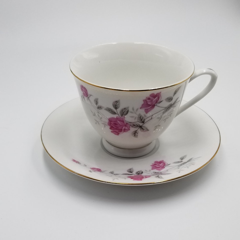 Vintage White with Pink Roses Teacup and Saucer Set, Made in China, Mother's Day Gift