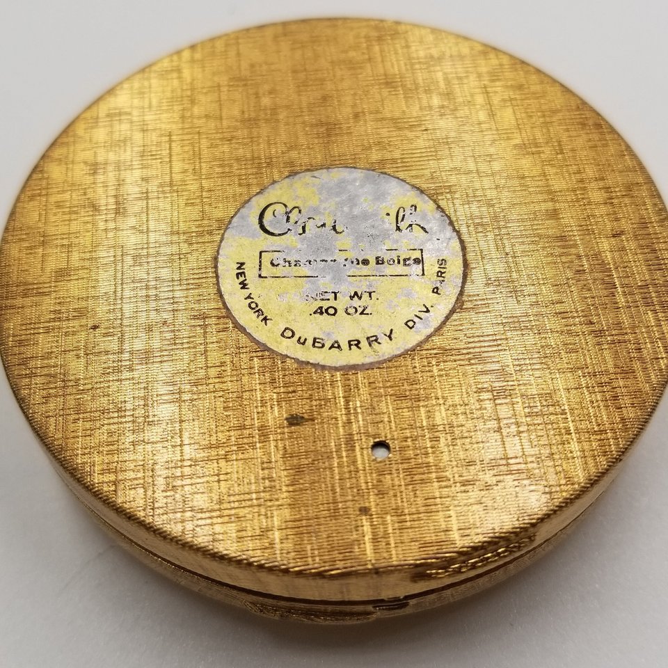 Vintage Du Barry Cloudsilk Powder Makeup Compact, Champagne Beige, Brushed Gold Tone with Silver Tone Fawn on Front