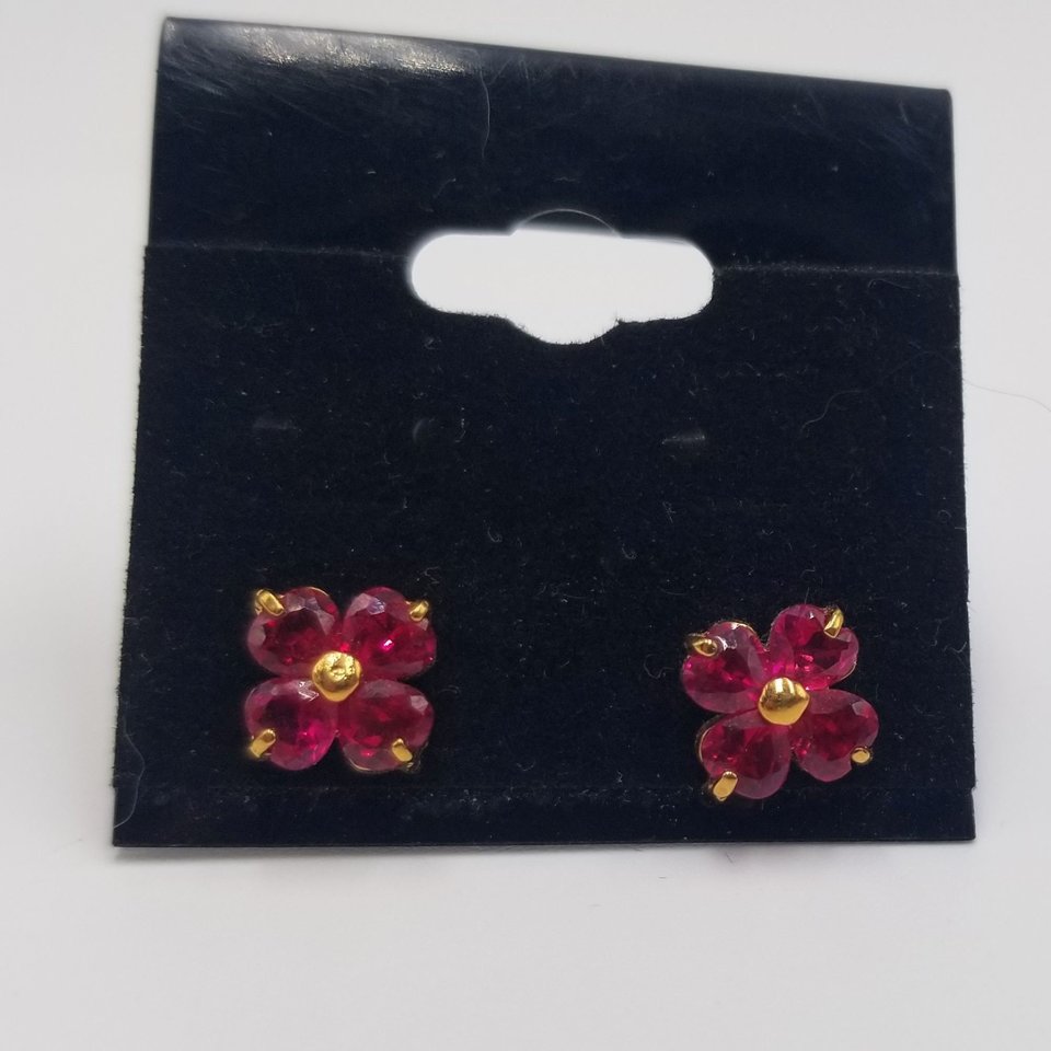 Red Lab Created Ruby Color Jewel Flower Vermeil Stud Post Pierced Earrings, July Birthstone, Gift for Her