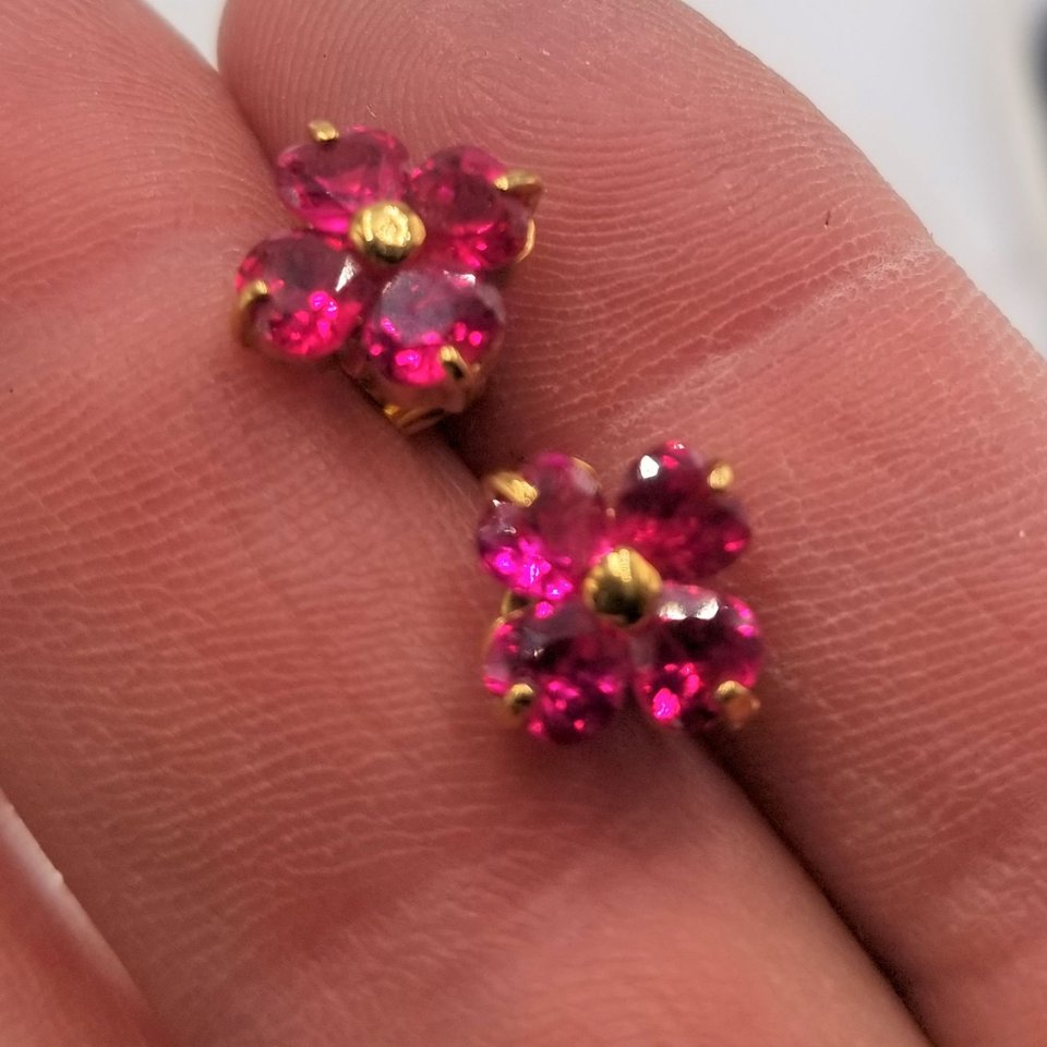 Red Lab Created Ruby Color Jewel Flower Vermeil Stud Post Pierced Earrings, July Birthstone, Gift for Her