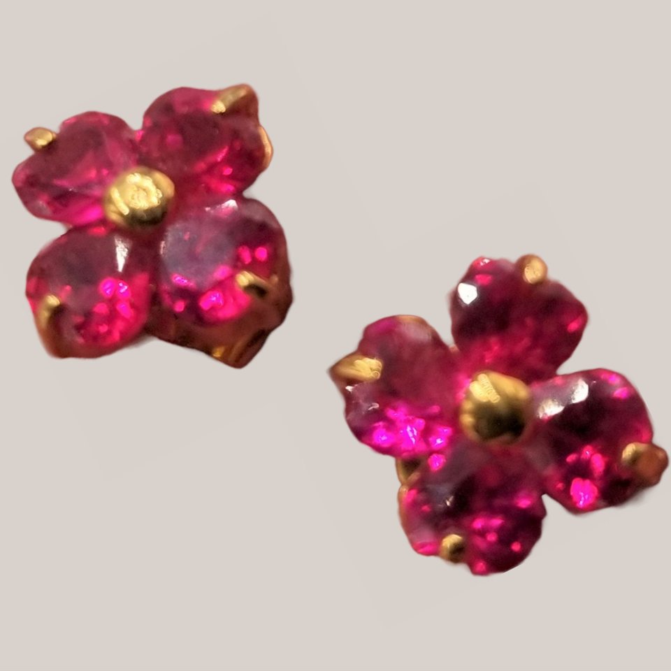 Red Lab Created Ruby Color Jewel Flower Vermeil Stud Post Pierced Earrings, July Birthstone, Gift for Her