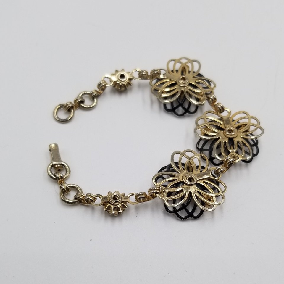Vintage Gold Tone and Black Rhinestones and Flower Panel Bracelet