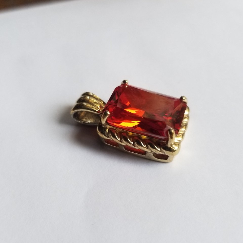 Vintage Emerald Cut Pendant and Chain with Gold Plated Vermeil Finish. Large Orange Cubic Zirconia
