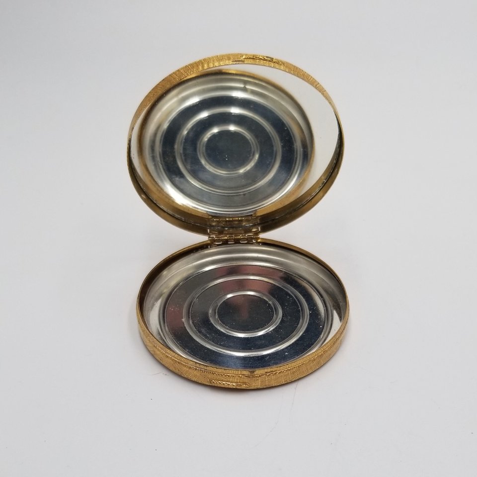Vintage Du Barry Cloudsilk Powder Makeup Compact, Champagne Beige, Brushed Gold Tone with Silver Tone Fawn on Front