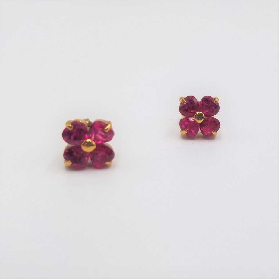 Red Lab Created Ruby Color Jewel Flower Vermeil Stud Post Pierced Earrings, July Birthstone, Gift for Her