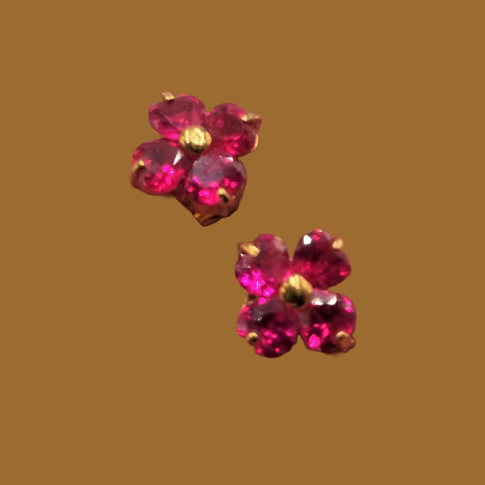 Red Lab Created Ruby Color Jewel Flower Vermeil Stud Post Pierced Earrings, July Birthstone, Gift for Her