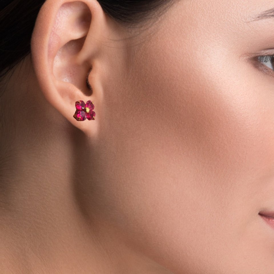 Red Lab Created Ruby Color Jewel Flower Vermeil Stud Post Pierced Earrings, July Birthstone, Gift for Her