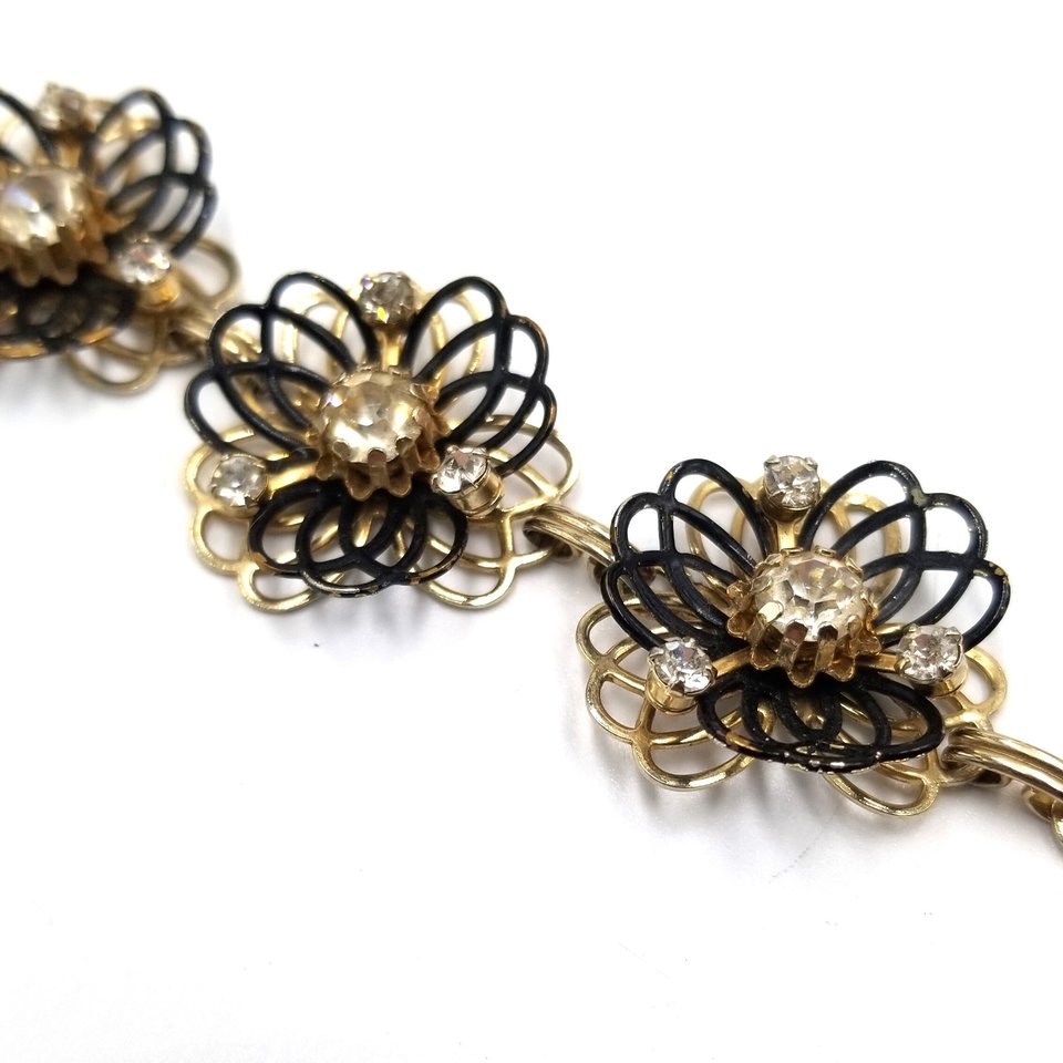 Vintage Gold Tone and Black Rhinestones and Flower Panel Bracelet