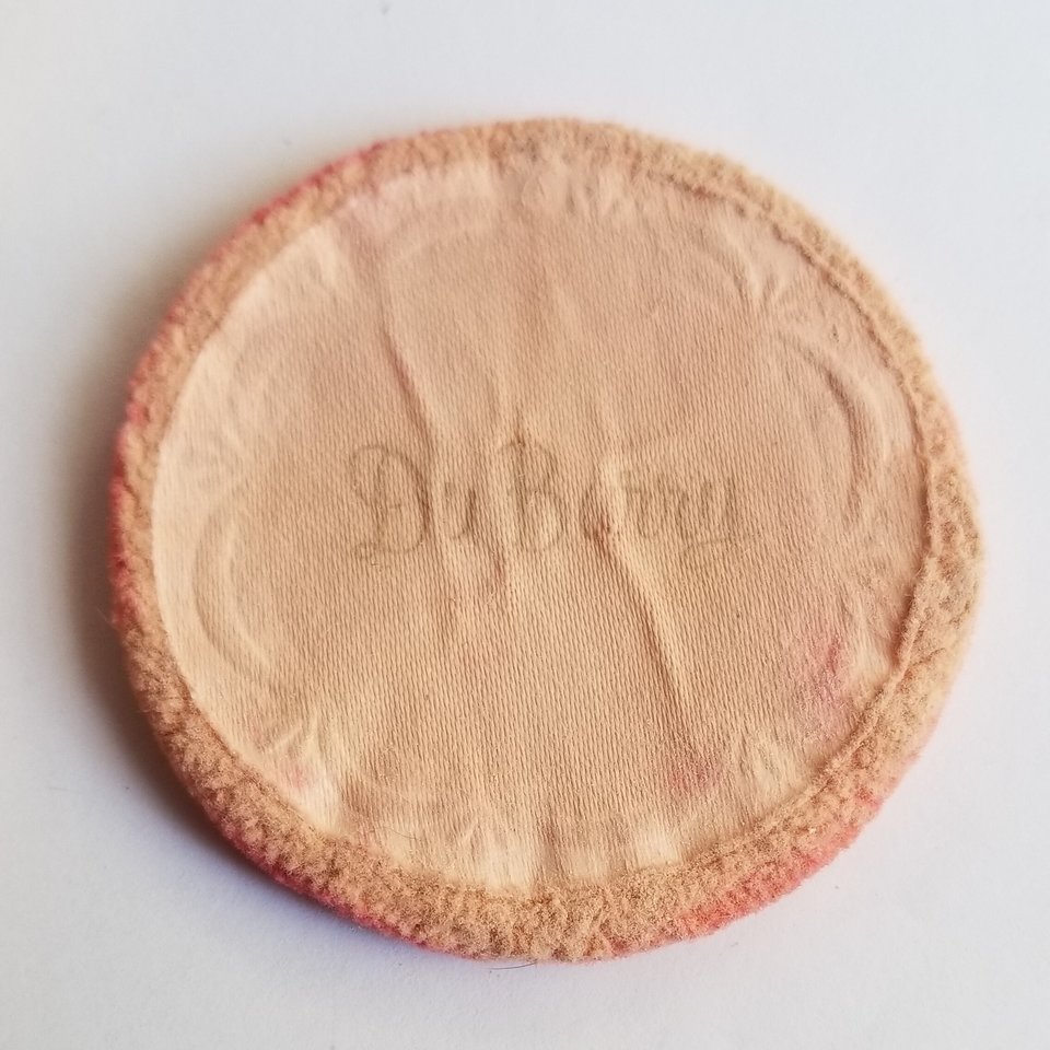 Vintage Du Barry Cloudsilk Powder Makeup Compact, Champagne Beige, Brushed Gold Tone with Silver Tone Fawn on Front