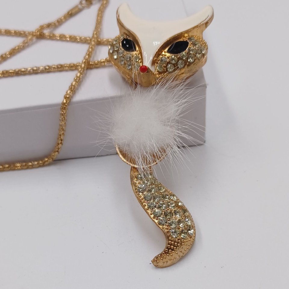 Vintage Gold Tone and Rhinestones Articulated Fox Pendant and Chain Necklace