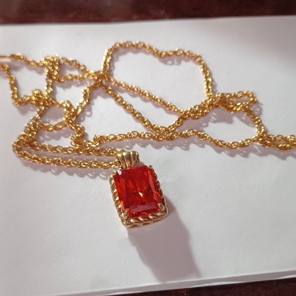 Vintage Emerald Cut Pendant and Chain with Gold Plated Vermeil Finish. Large Orange Cubic Zirconia
