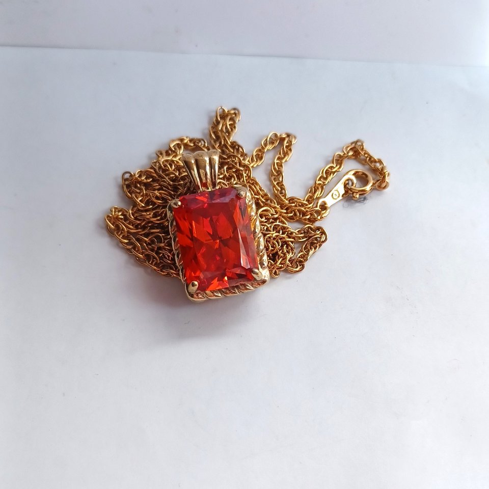 Vintage Emerald Cut Pendant and Chain with Gold Plated Vermeil Finish. Large Orange Cubic Zirconia