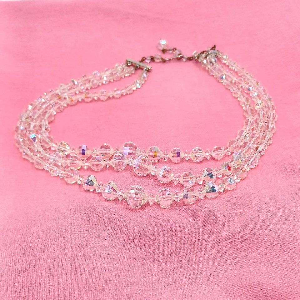 Triple Strand Faceted Aurora Borealis Crystals Graduated Necklace, Most Brilliant Crystals