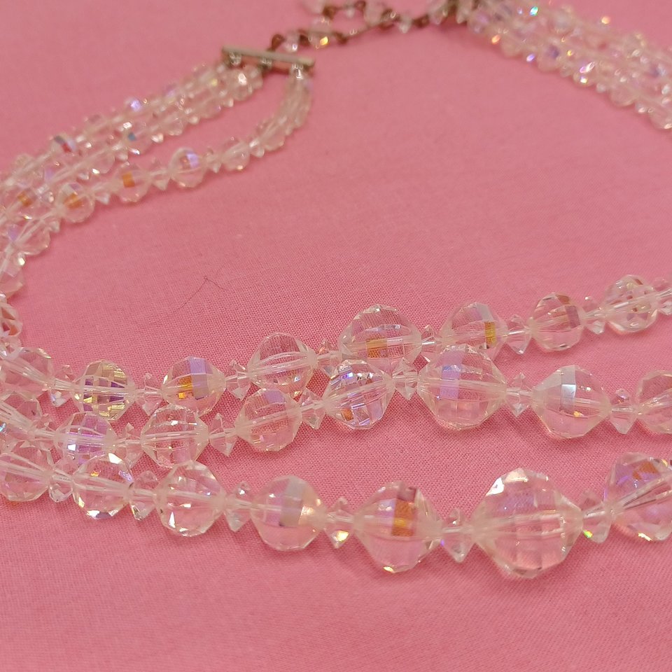 Triple Strand Faceted Aurora Borealis Crystals Graduated Necklace, Most Brilliant Crystals