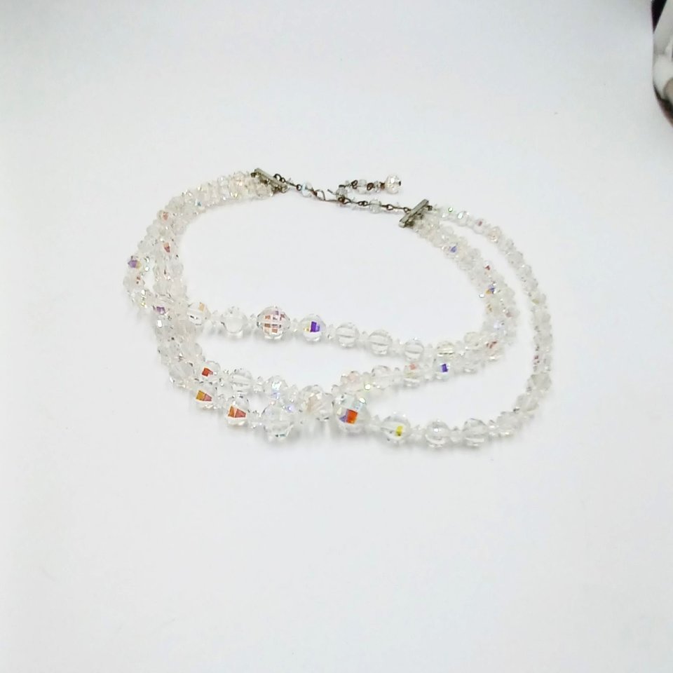 Triple Strand Faceted Aurora Borealis Crystals Graduated Necklace, Most Brilliant Crystals