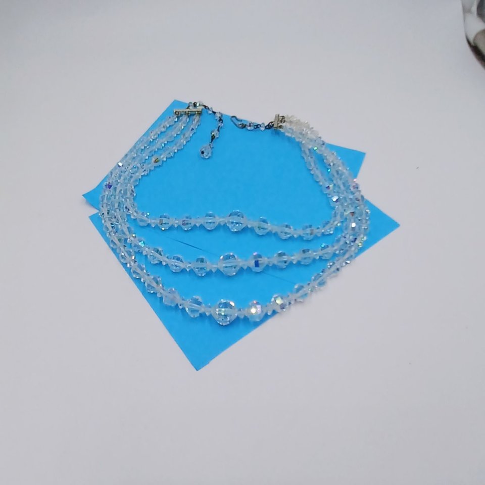 Triple Strand Faceted Aurora Borealis Crystals Graduated Necklace, Most Brilliant Crystals