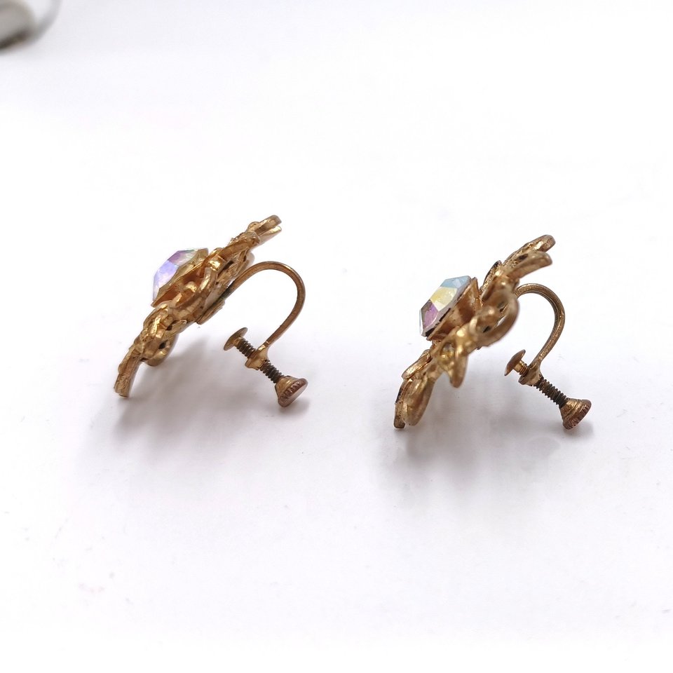 2 Pairs of Vintage Gold Tone and Rhinestones Screw Back Earrings Lot