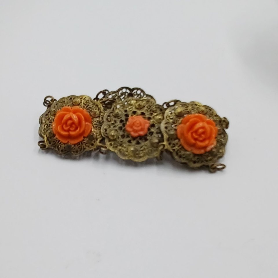 Vintage Gold Tone Panel Bracelet with Orange Celluloid Roses