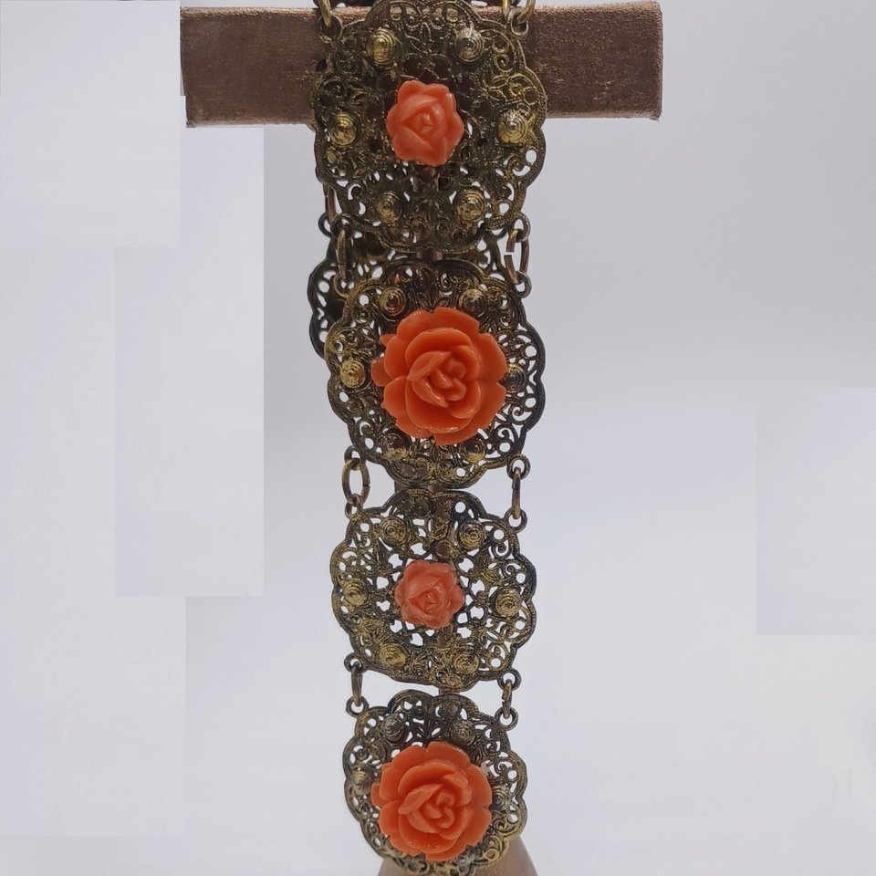 Vintage Gold Tone Panel Bracelet with Orange Celluloid Roses
