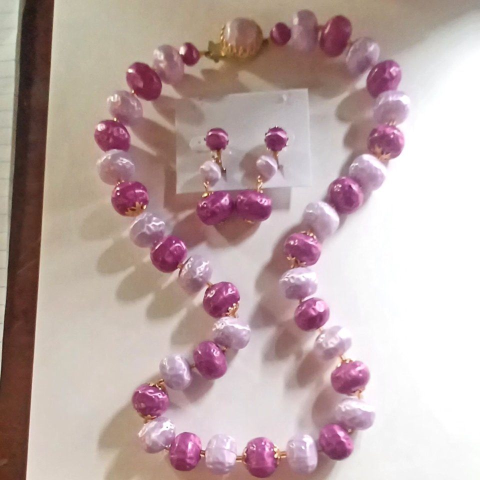 1950's  Vintage Japan Pink and Purple Plastic Beaded Necklace and Earrings Jewelry Set