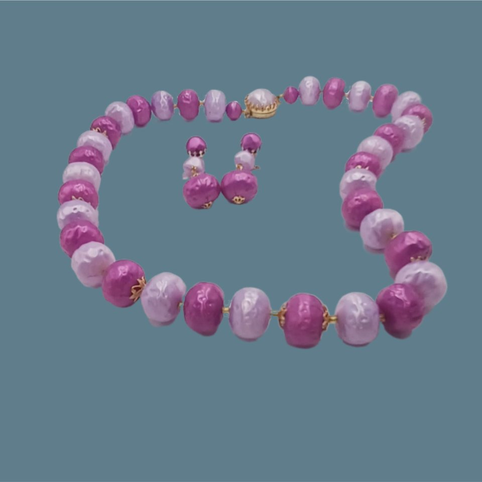 1950's  Vintage Japan Pink and Purple Plastic Beaded Necklace and Earrings Jewelry Set