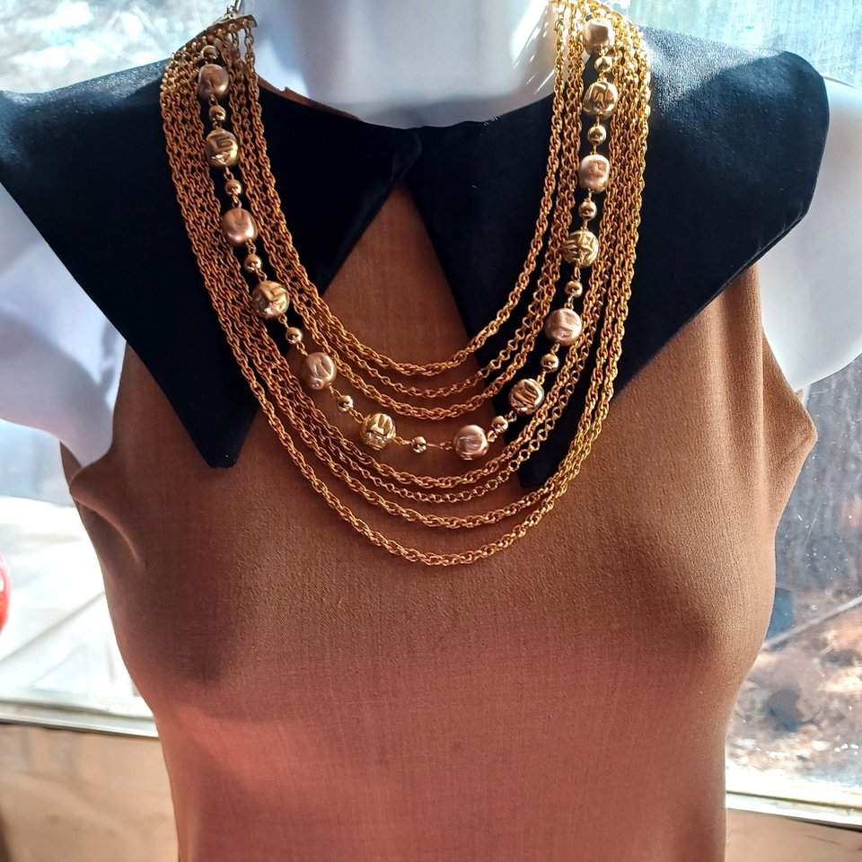 Mid Century Gold Tone Multi-strand Necklace and Clip-on Earrings Jewelry Set
