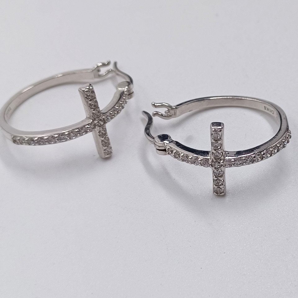 Signed Prime Art and Jewel Sterling Silver and Cubic Zirconia Cross Hoop Earrings