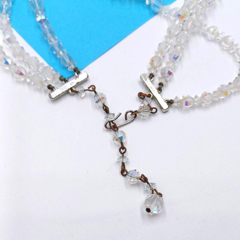 Triple Strand Faceted Aurora Borealis Crystals Graduated Necklace, Most Brilliant Crystals