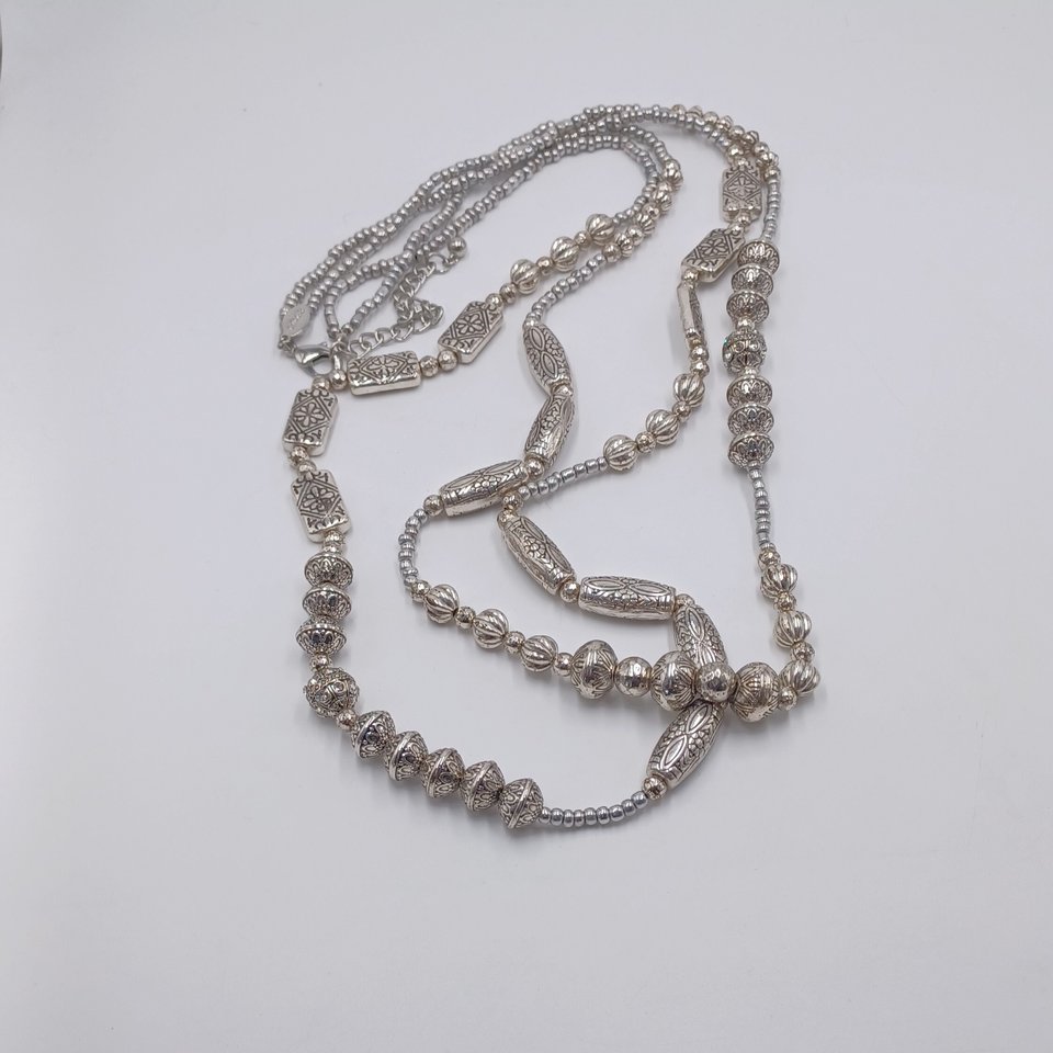 CHICO's Super Long Silver Tone Beaded 2 Strand Beaded Necklace, Southwestern