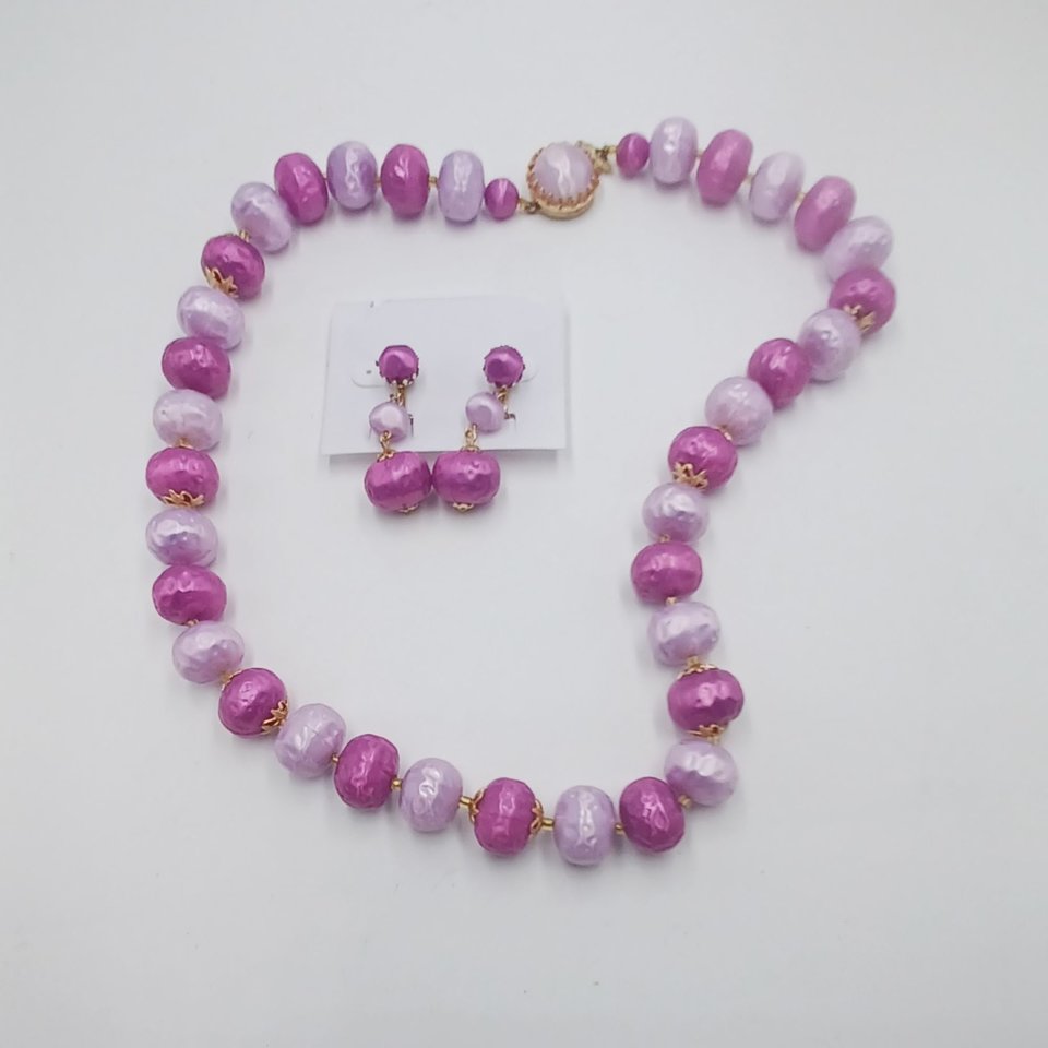 1950's  Vintage Japan Pink and Purple Plastic Beaded Necklace and Earrings Jewelry Set