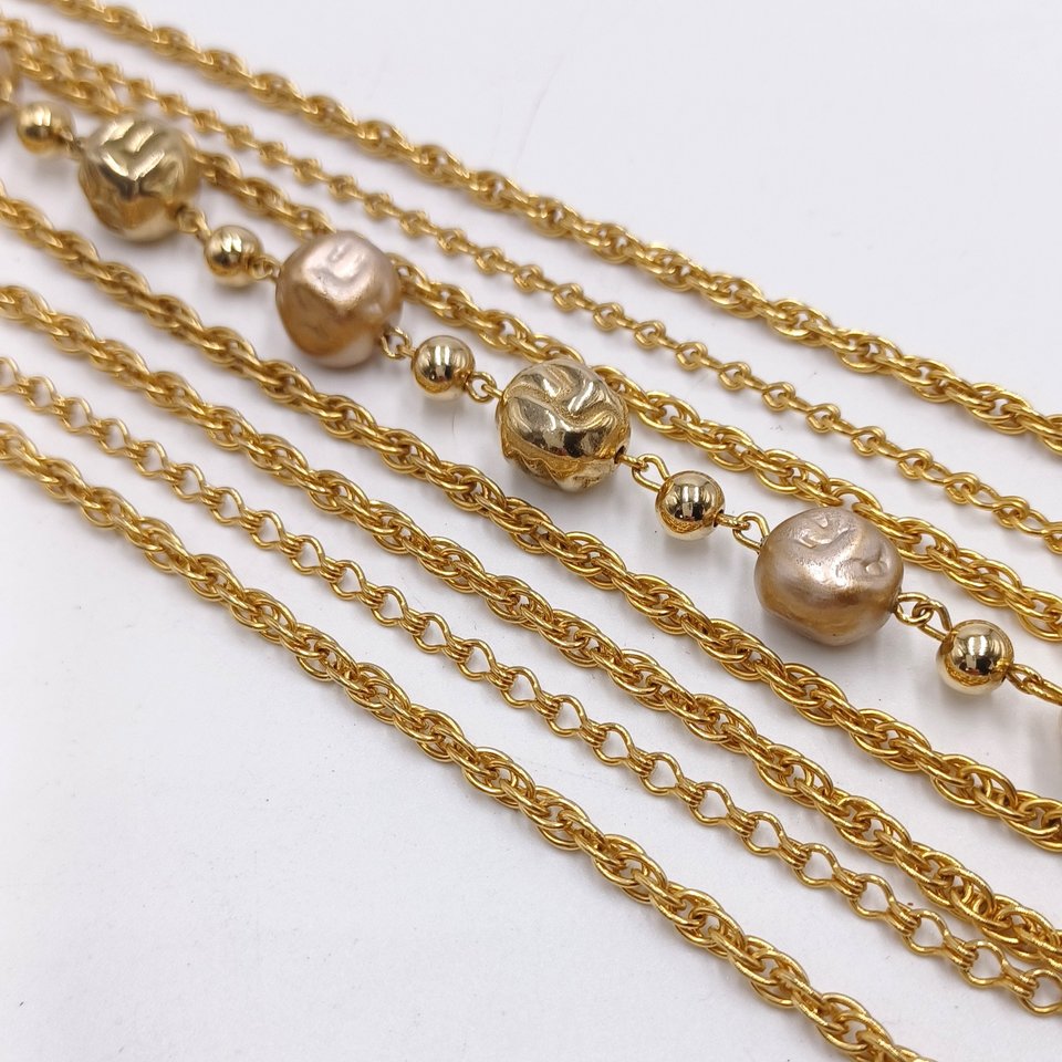 Mid Century Gold Tone Multi-strand Necklace and Clip-on Earrings Jewelry Set