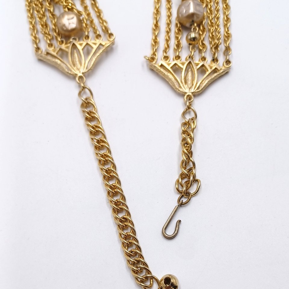 Mid Century Gold Tone Multi-strand Necklace and Clip-on Earrings Jewelry Set