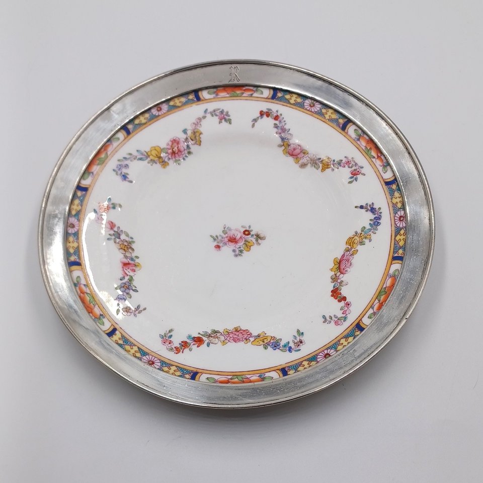 Antique Mintons Rose Pattern Sterling Silver Edge Dessert Plate