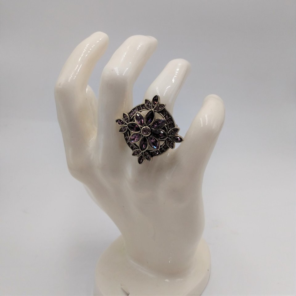 Designer Heidi Daus Bronze Table Top Amethyst Crystals and Small Pink Rhinestones Cocktail Statement Ring Size 6.25
