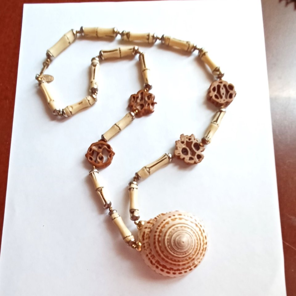 Vintage Signed Miriam Haskell Long Seashell and Bamboo and Wood Statement Necklace