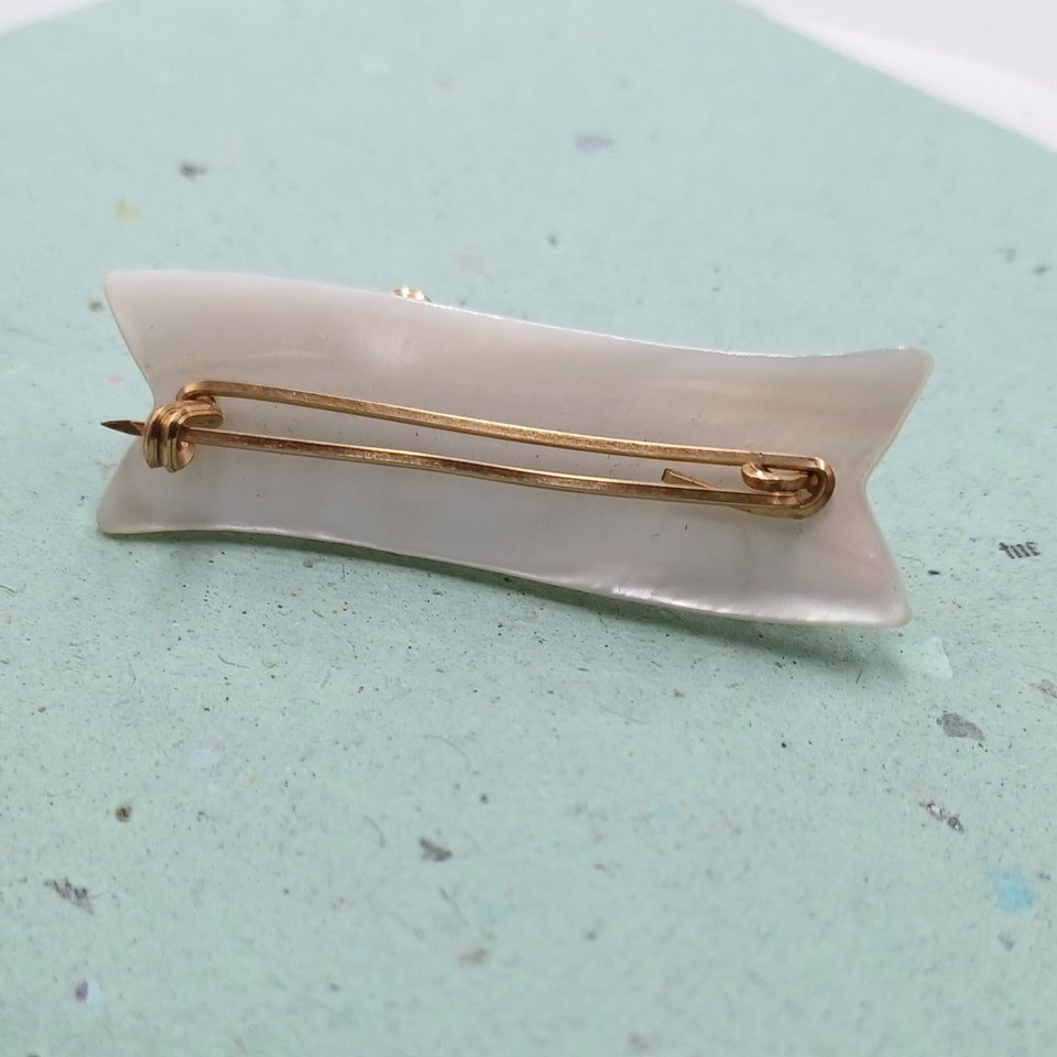 Antique Carved Mother of Pearl Banner  Cursive Wire "Mother" Brooch, Mother's Day Gift