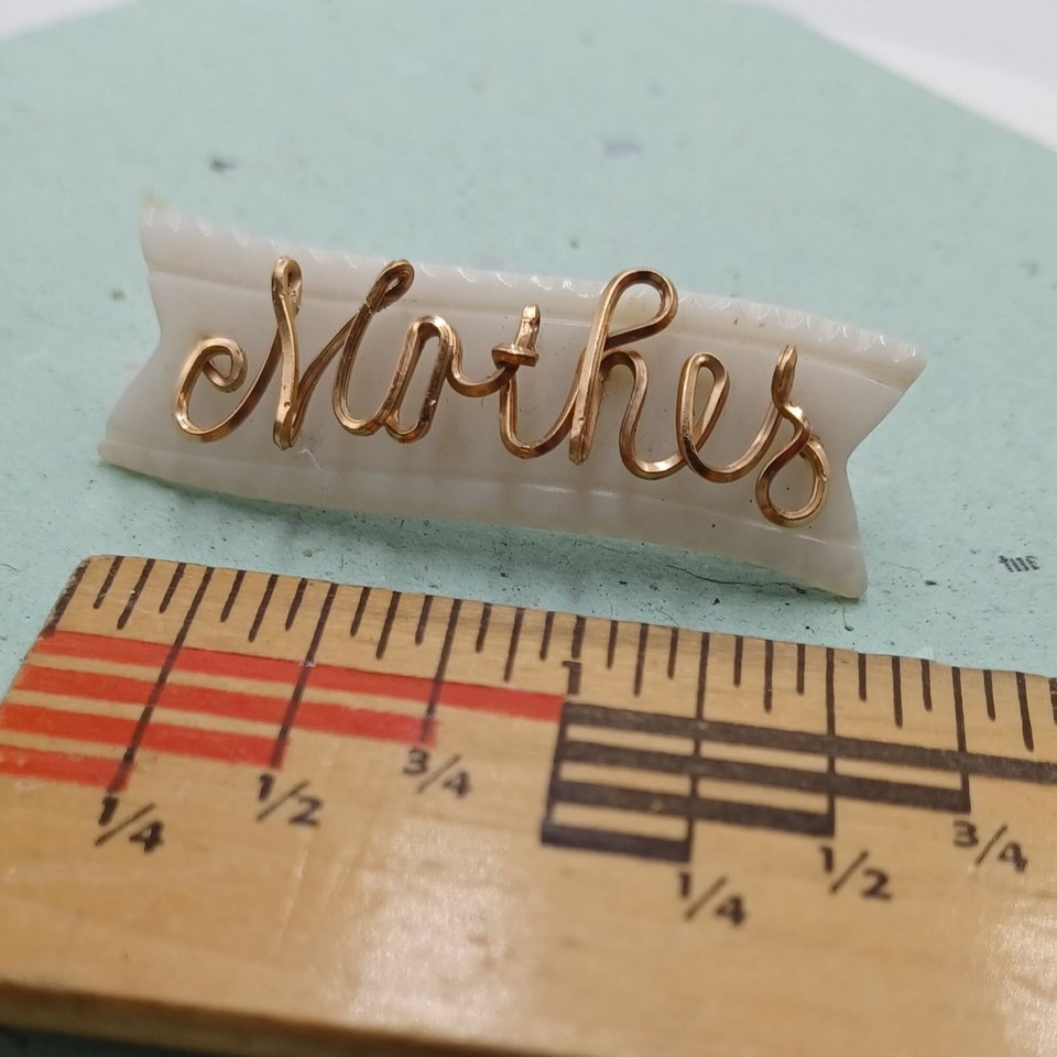 Antique Carved Mother of Pearl Banner  Cursive Wire "Mother" Brooch, Mother's Day Gift